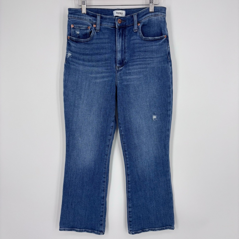 Pistola Lennon High Rise Cropped Flare Jeans Women 30 Blue Distressed Stretch